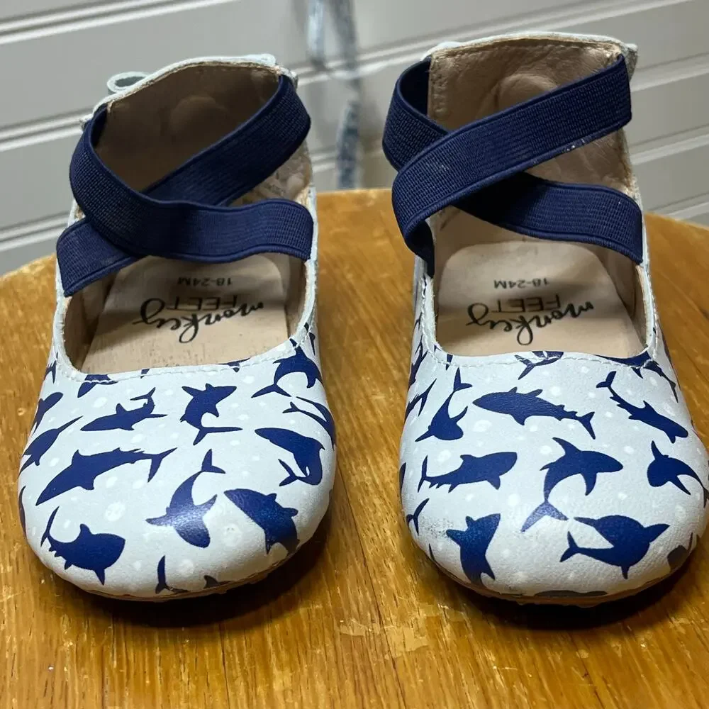 Monkey Feet Leather Ballet Flats with Back Bow & Shark Print Size 18-24 Months